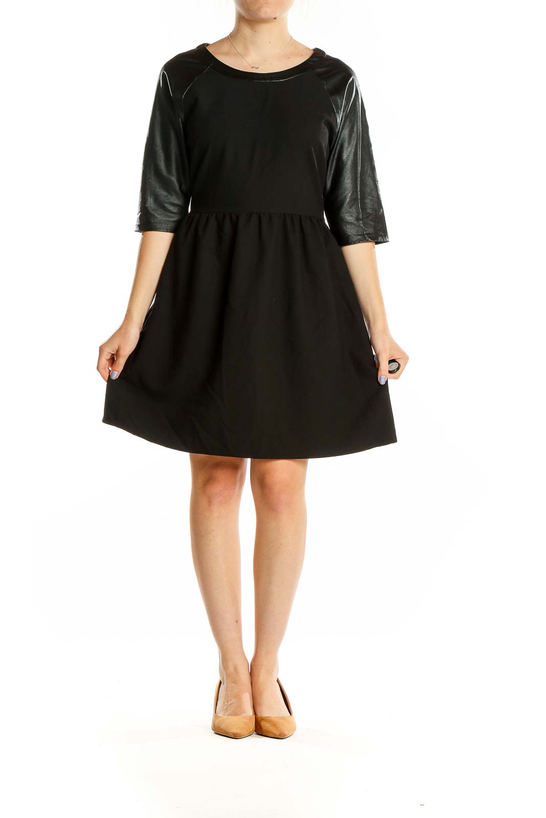 Front view of black fit and flare dress with faux leather sleeves by Romeo & Juliet Couture