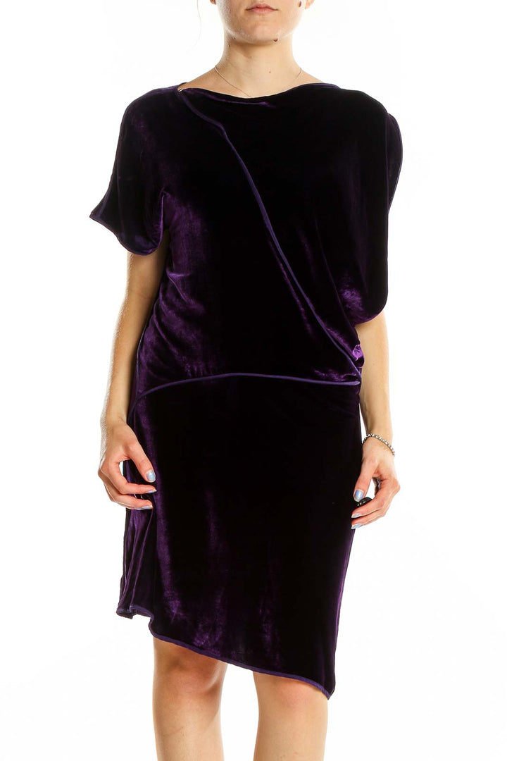 Front view of BCBG MaxAzria purple velvet asymmetrical cocktail dress