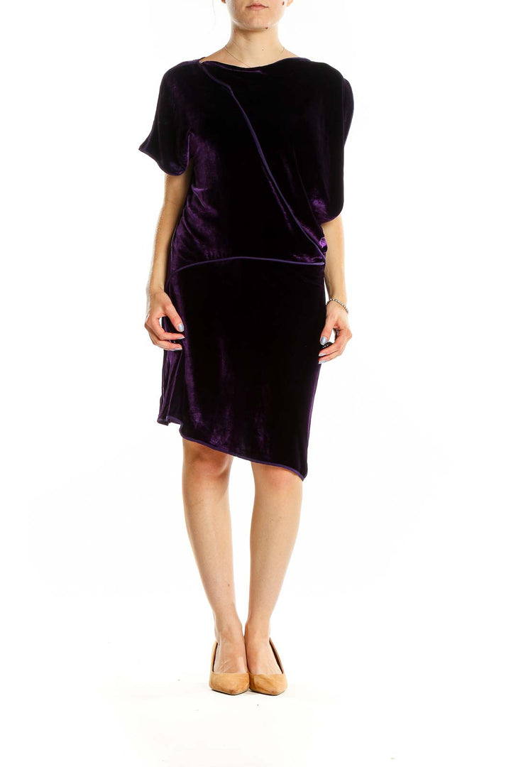 Front view of BCBG MaxAzria purple velvet asymmetrical cocktail dress