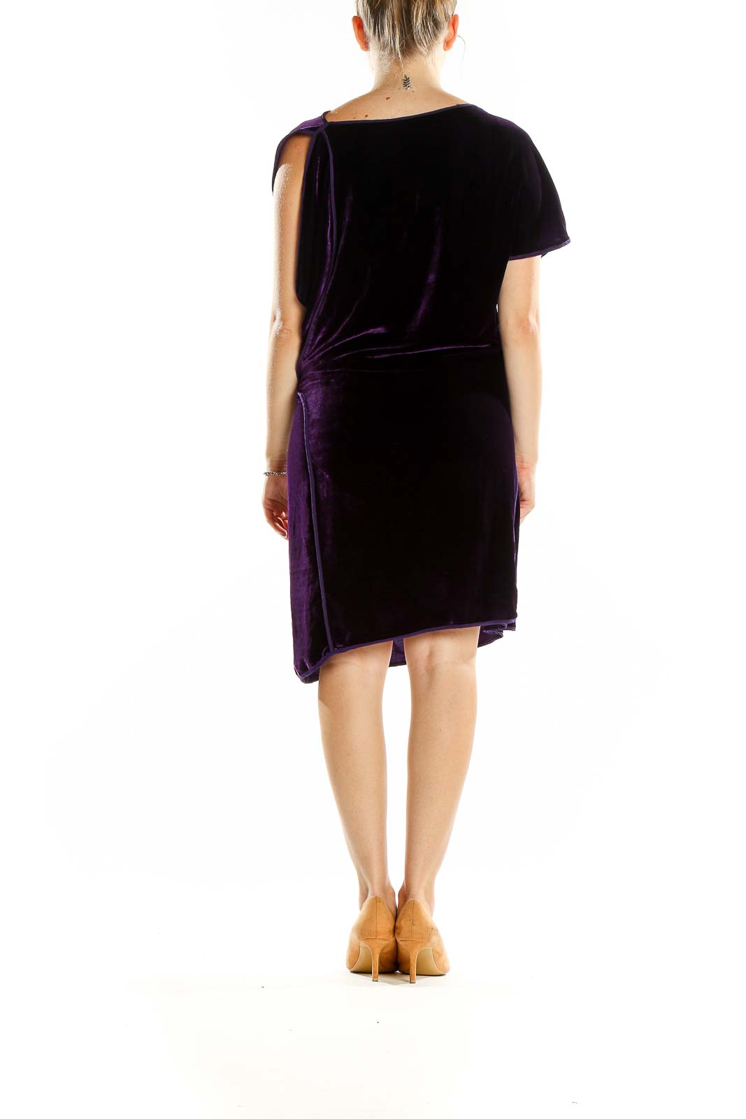 Back view of BCBG MaxAzria purple velvet asymmetrical cocktail dress