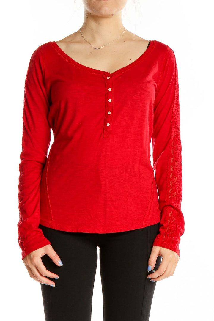 Front view of red Abercrombie & Fitch Henley top with lace sleeves