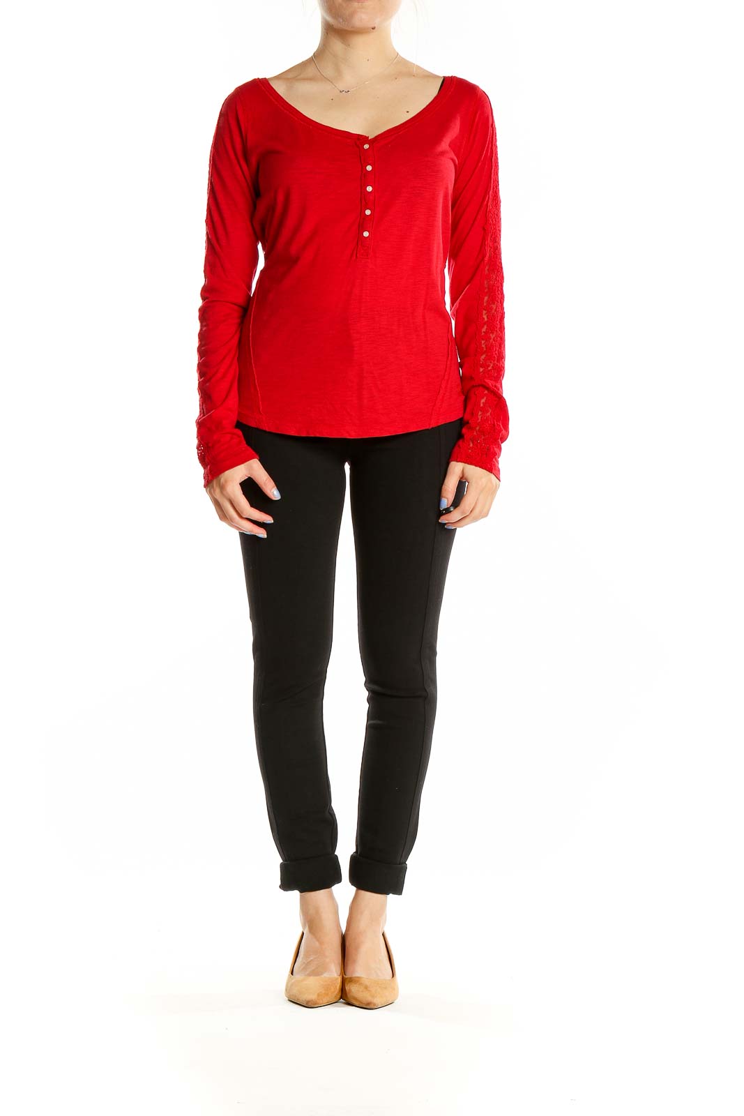 Front view of red Abercrombie & Fitch Henley top with lace sleeves