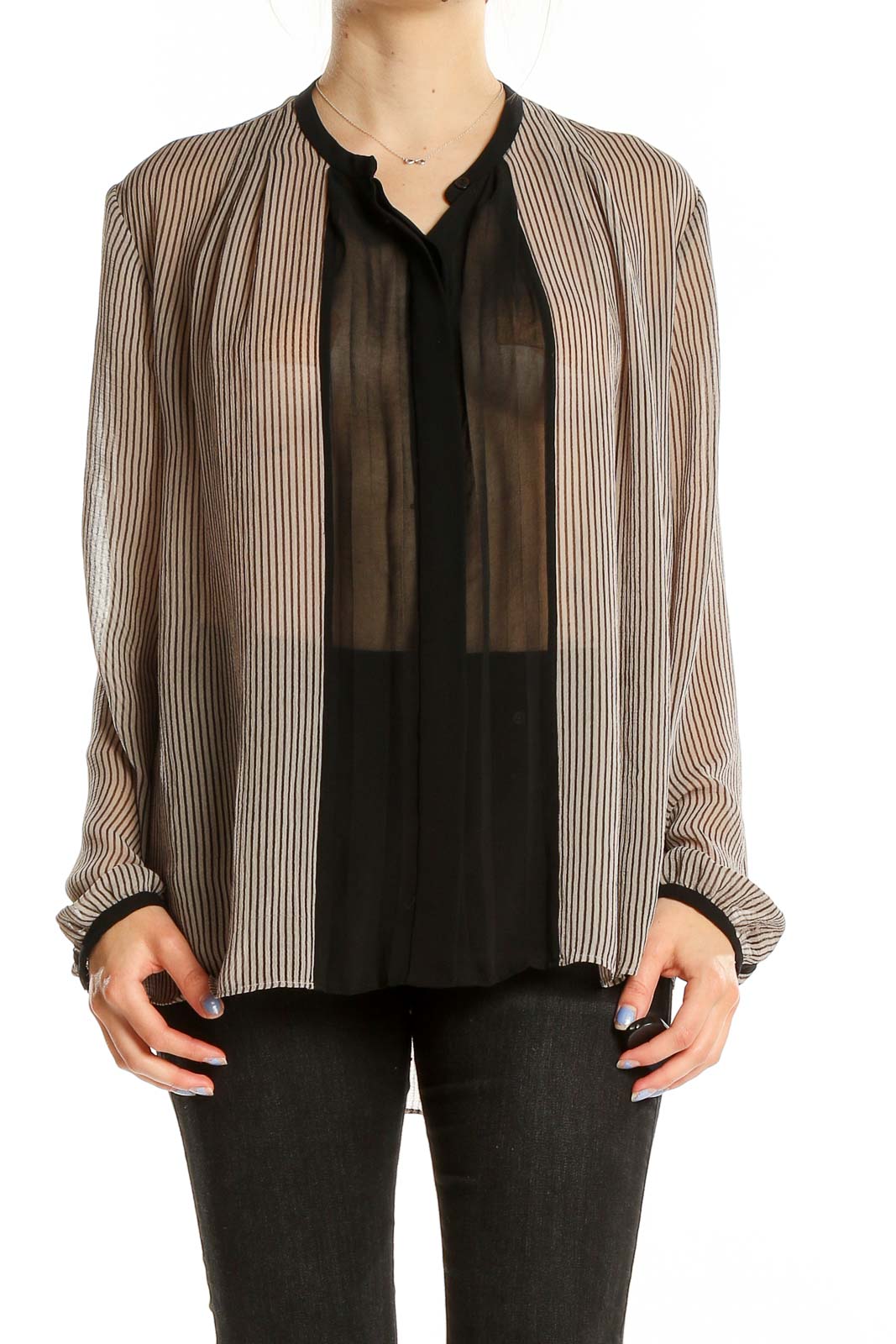 Front view of RACHEL Rachel Roy striped sheer blouse with black trim