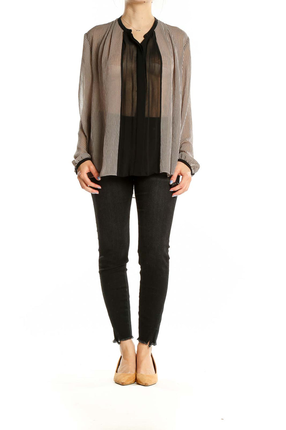 Front view of RACHEL Rachel Roy striped sheer blouse with black trim