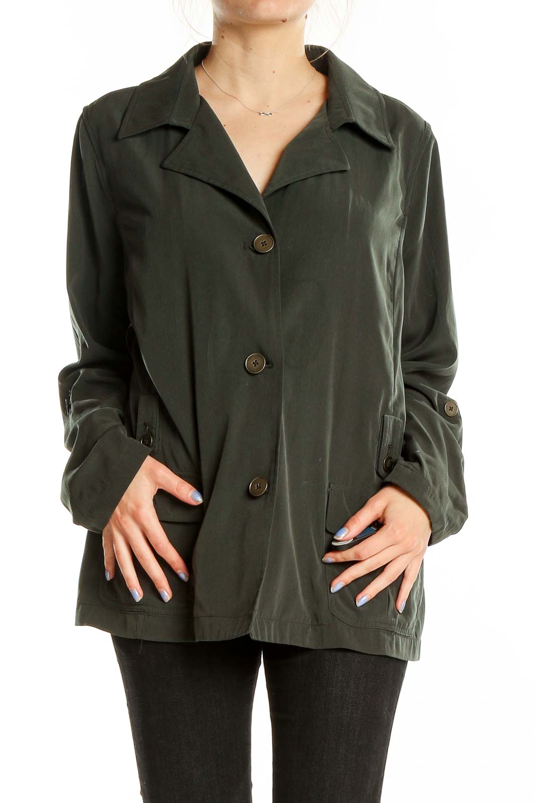 Front view of Dana Buchman dark green polyester button-up jacket