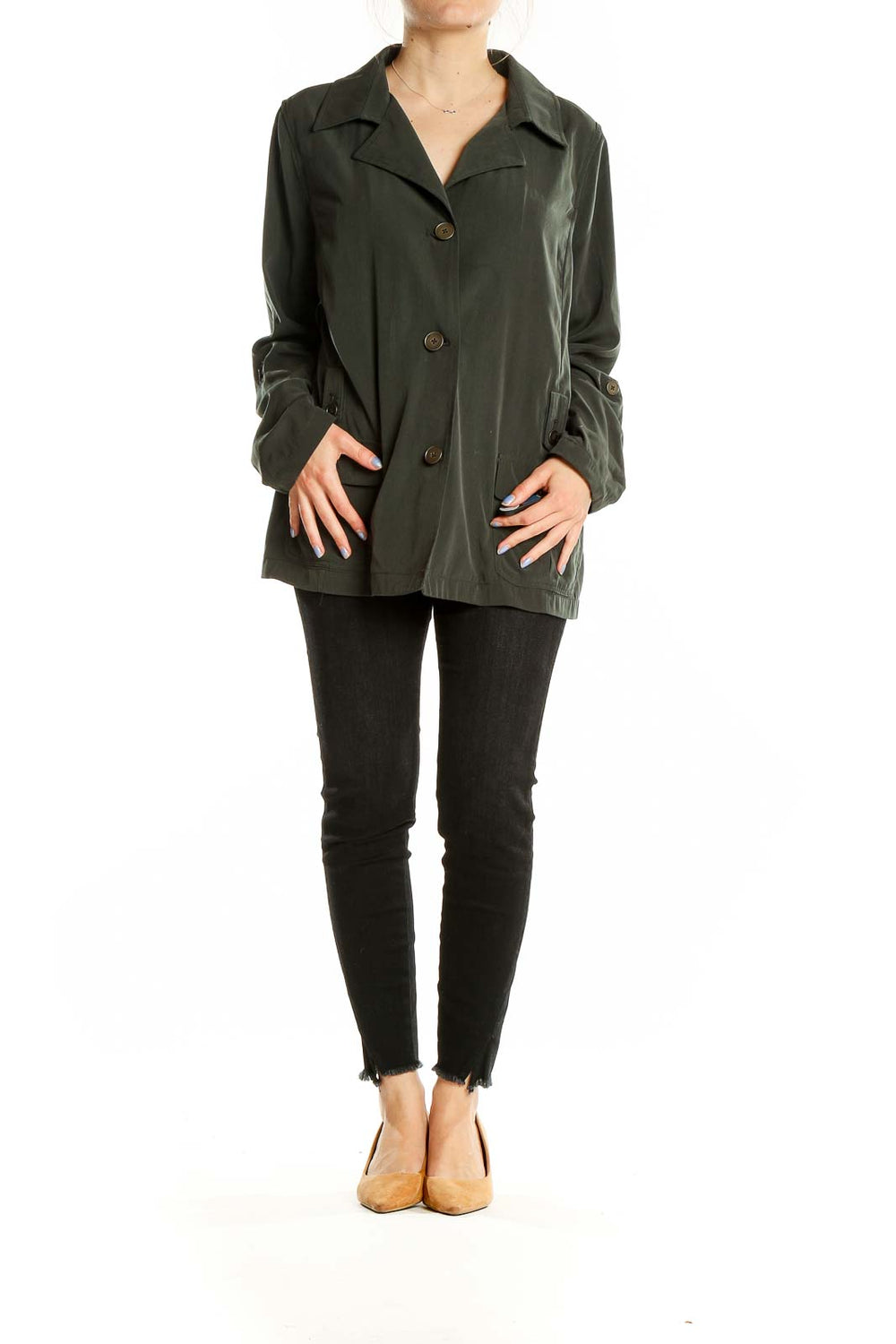 Front view of Dana Buchman dark green polyester button-up jacket