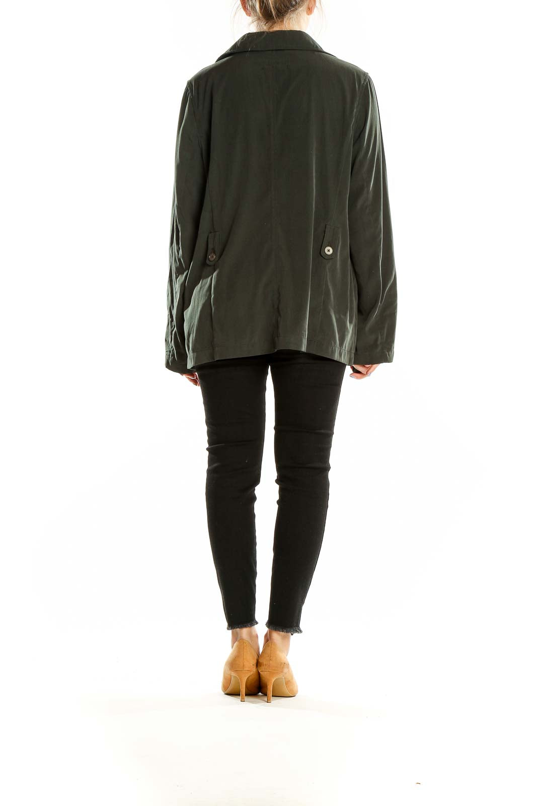 Back view of Dana Buchman dark green polyester button-up jacket