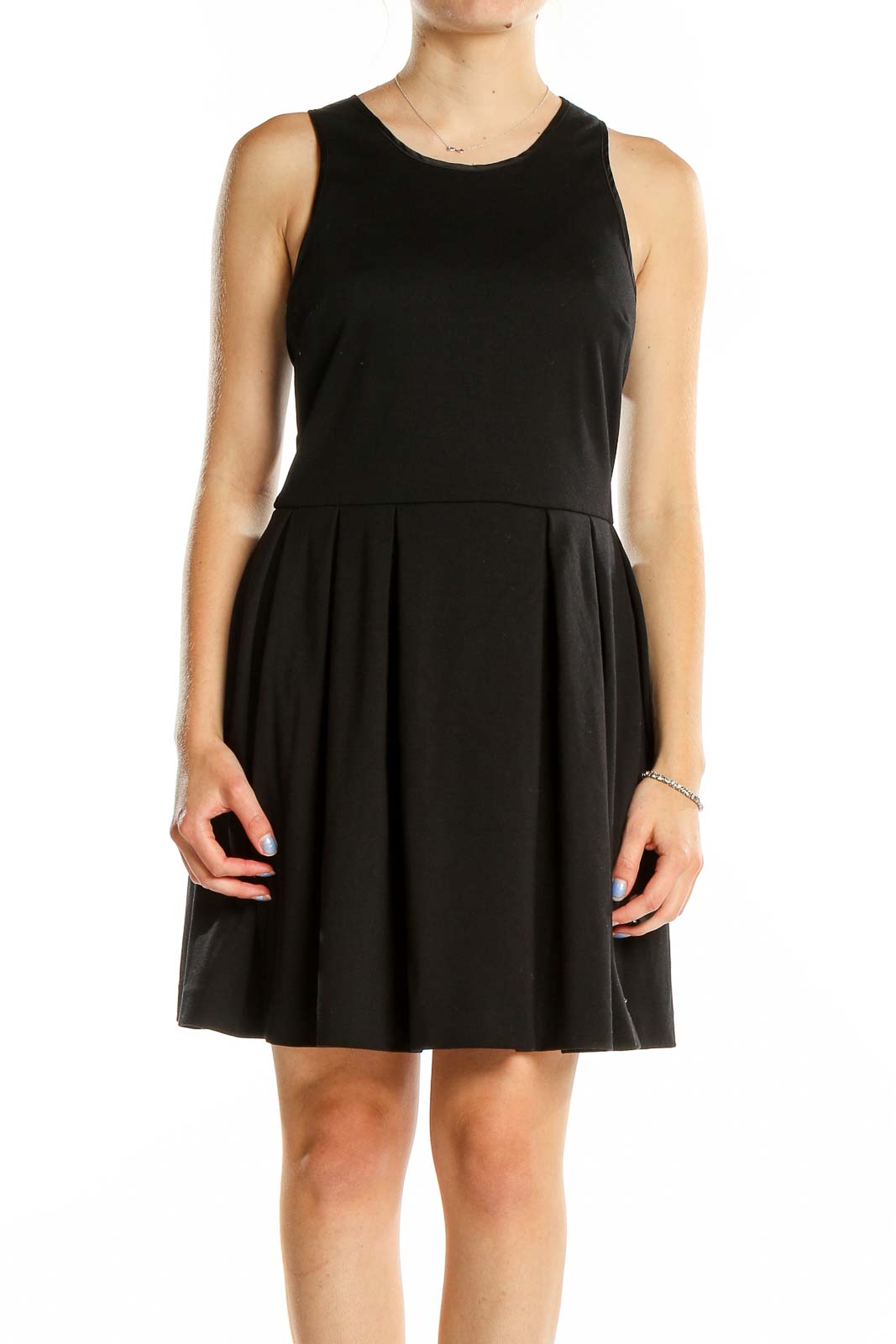 Front view of black Juicy Couture sleeveless cocktail dress with pleated skirt