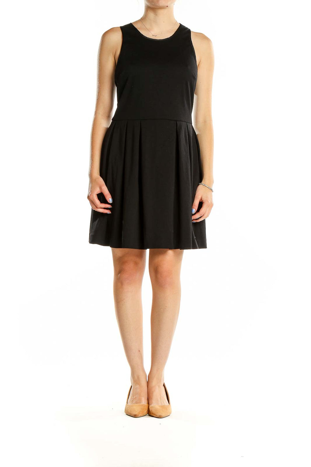 Front view of black Juicy Couture sleeveless cocktail dress with pleated skirt