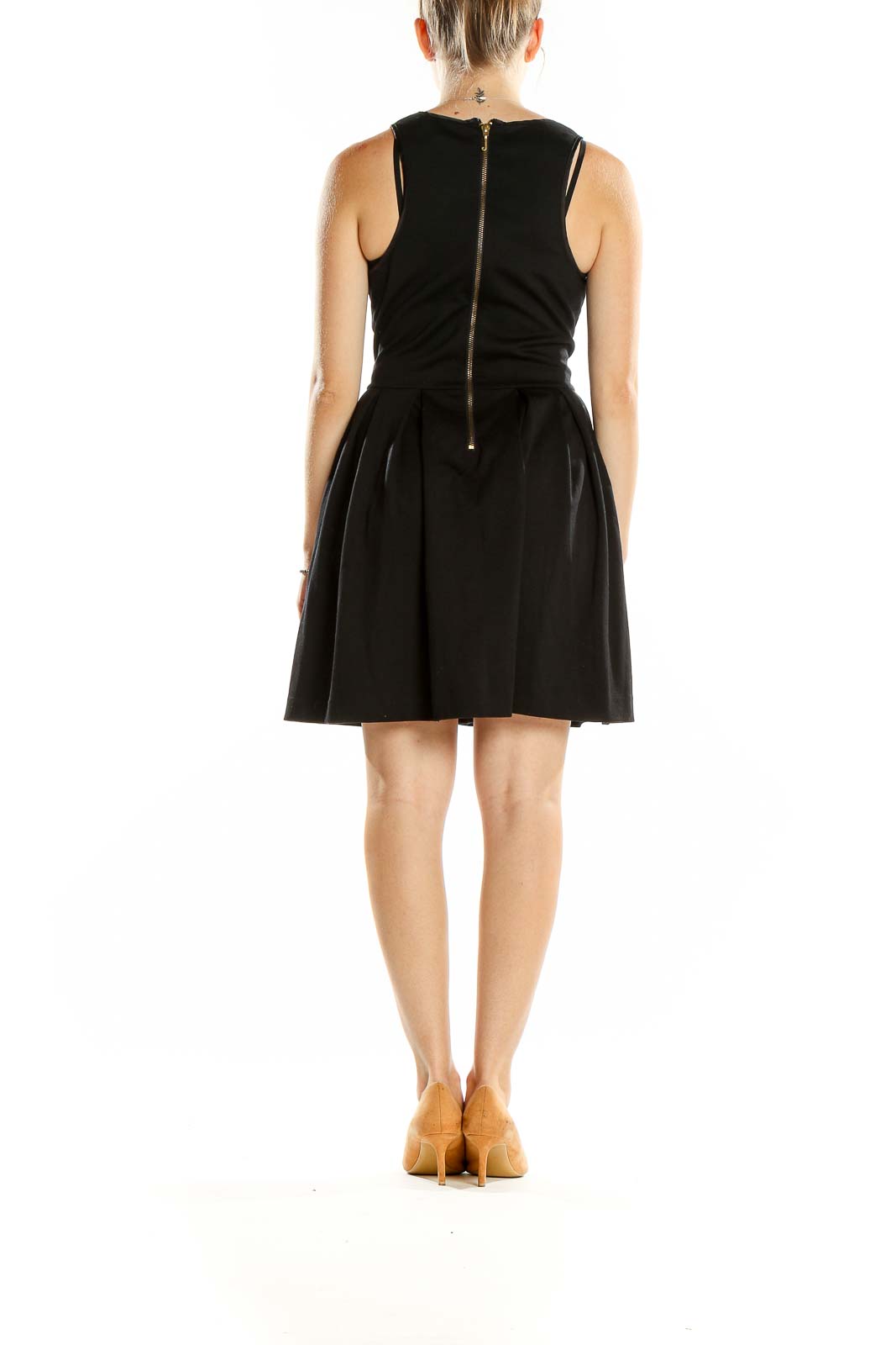 Back view of black Juicy Couture sleeveless cocktail dress showing zipper closure