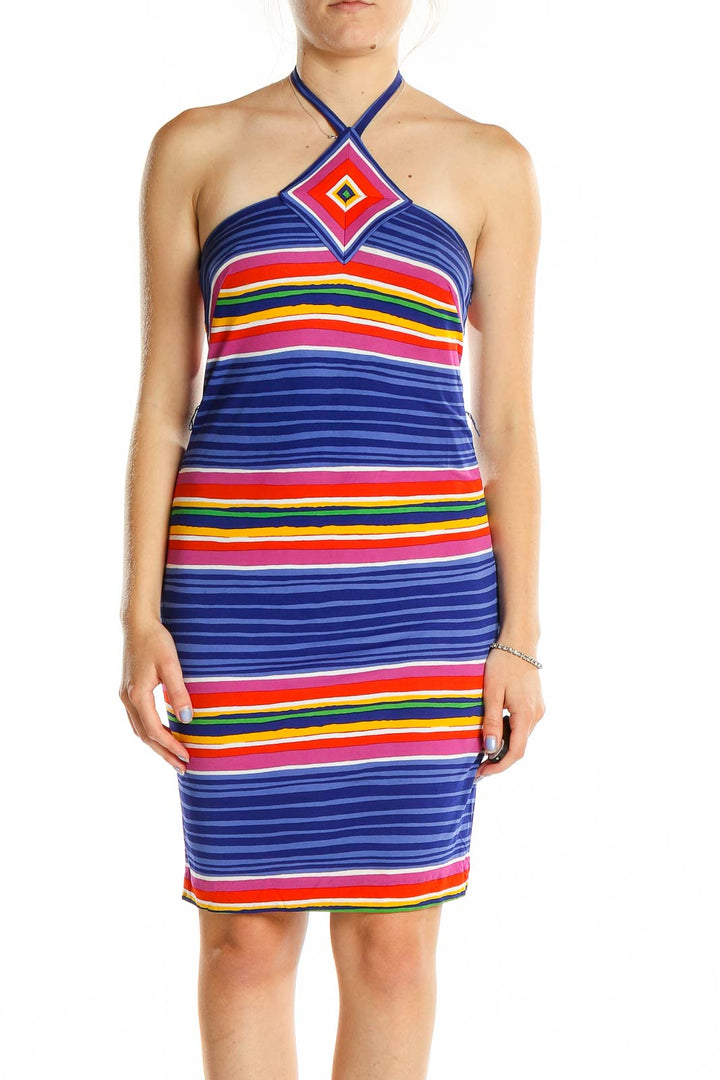 Front view of Trina Turk multicolor striped halter neck dress