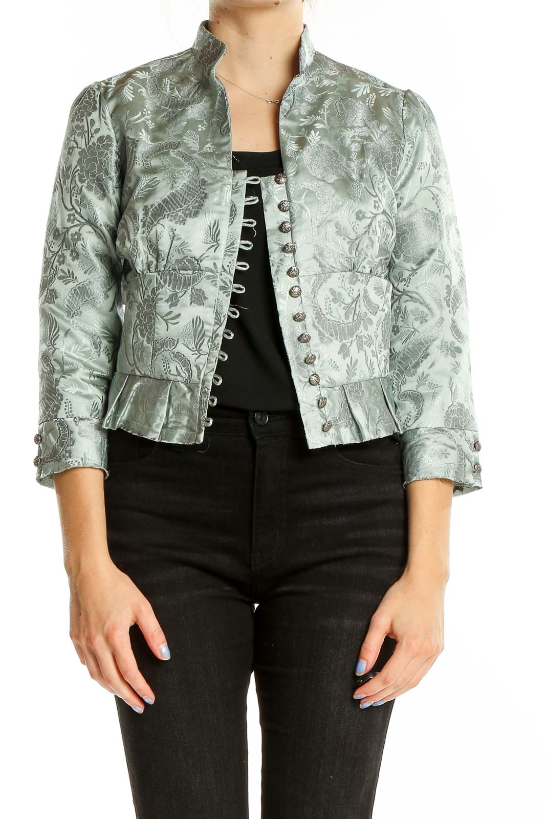 Front view of Elevenses sage green floral brocade cropped jacket