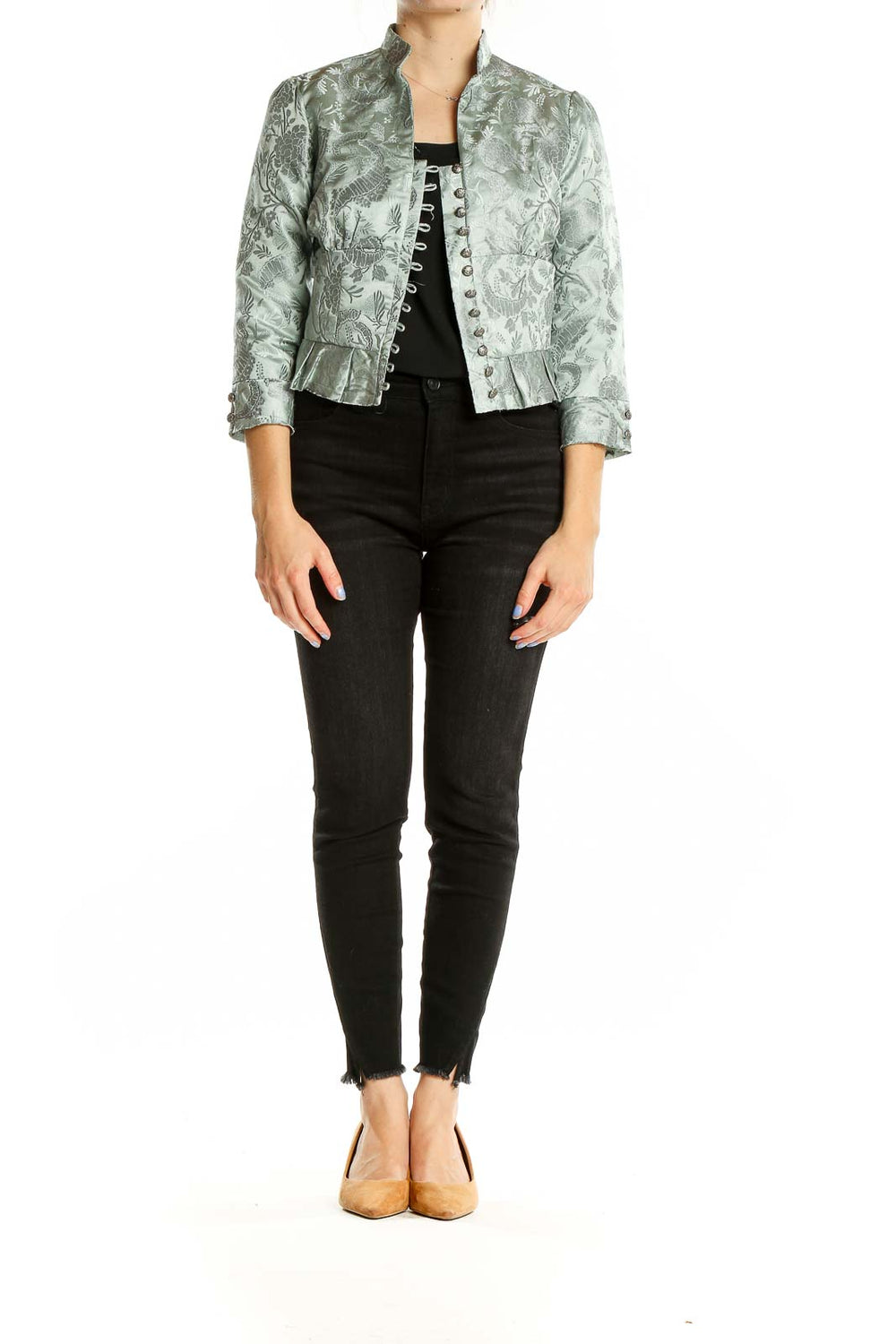 Front view of Elevenses sage green floral brocade cropped jacket