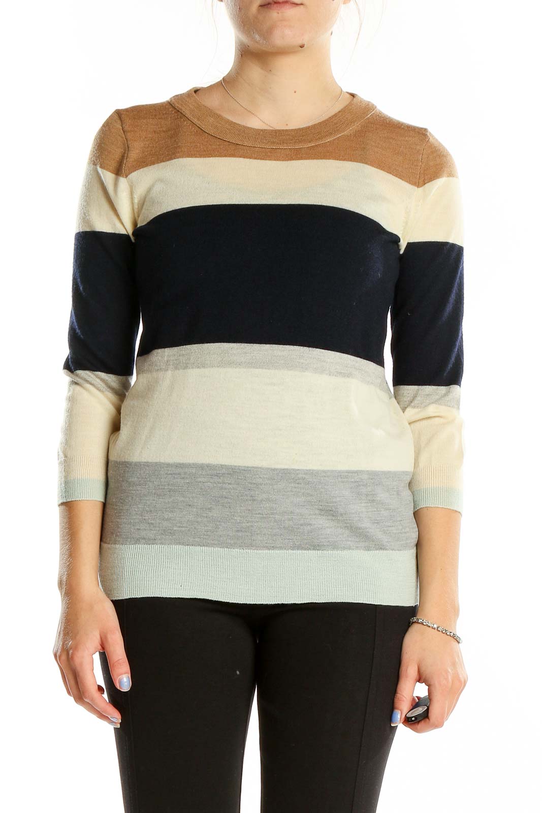 Front view of J.Crew multicolor striped Merino wool sweater