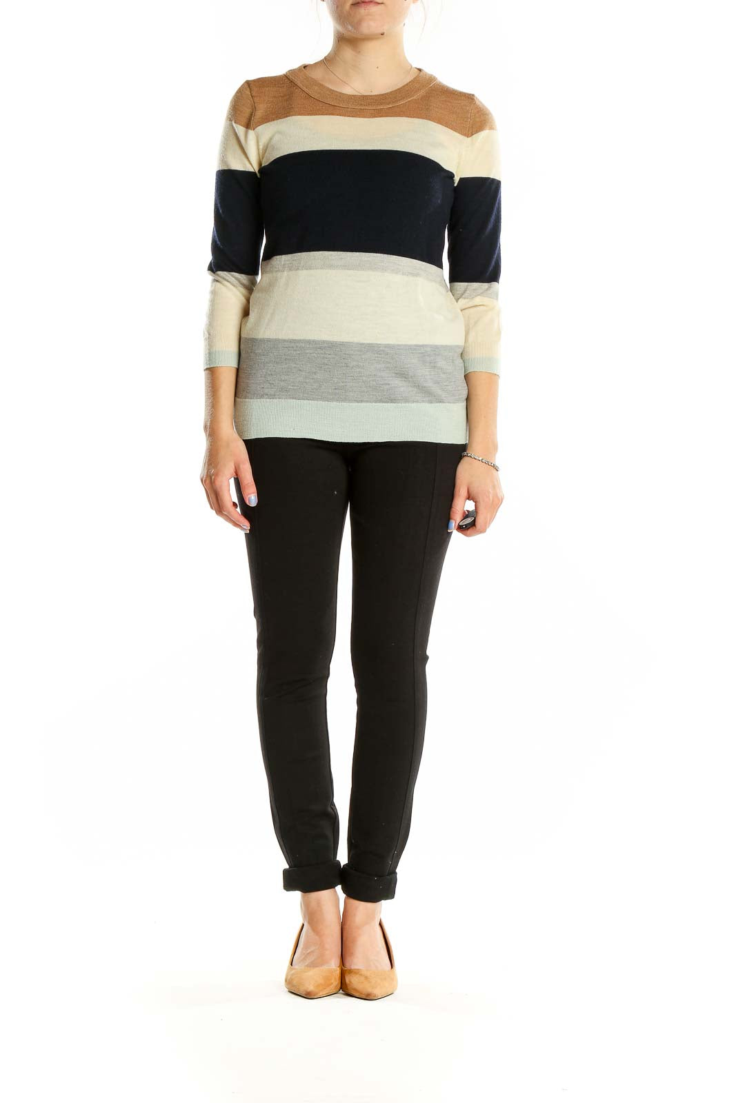 Front view of J.Crew multicolor striped Merino wool sweater