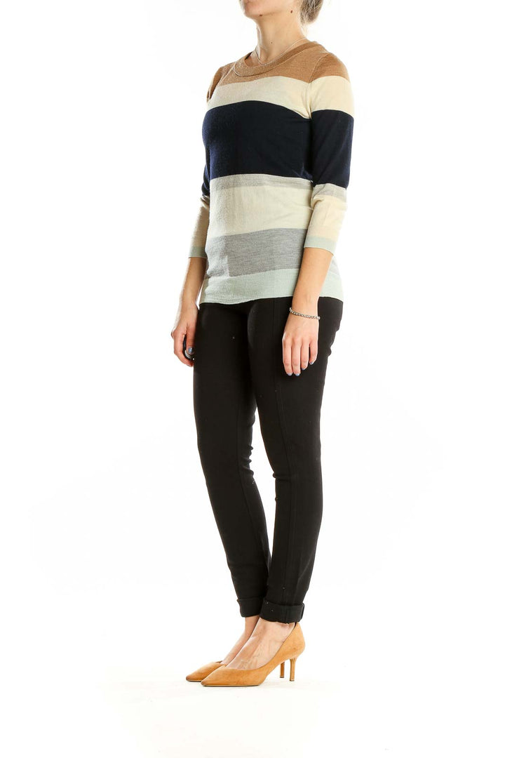 Front view of J.Crew multicolor striped Merino wool sweater