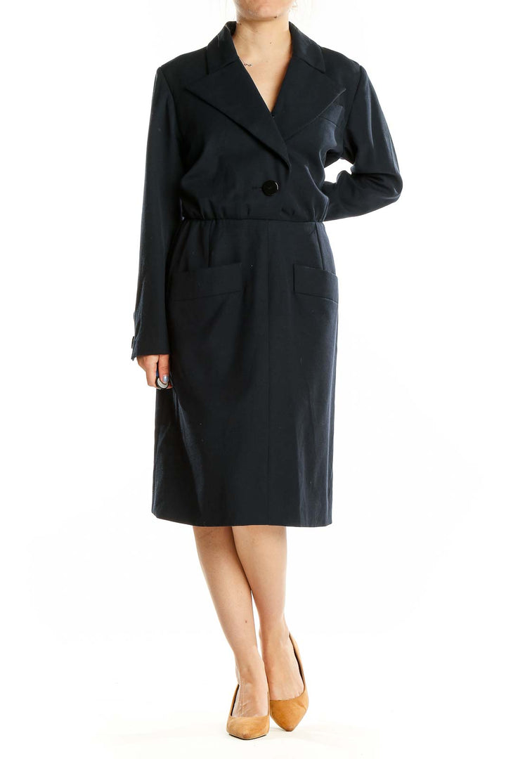 Front view of Yves Saint Laurent black wool midi coat dress