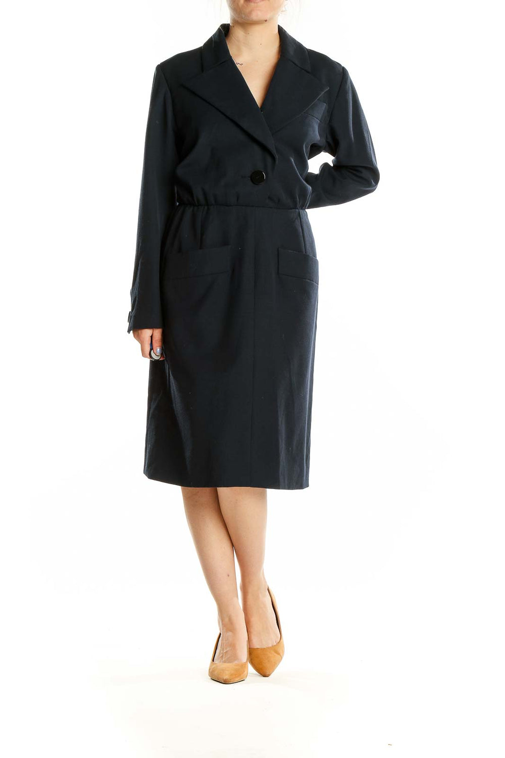 Front view of Yves Saint Laurent black wool midi coat dress