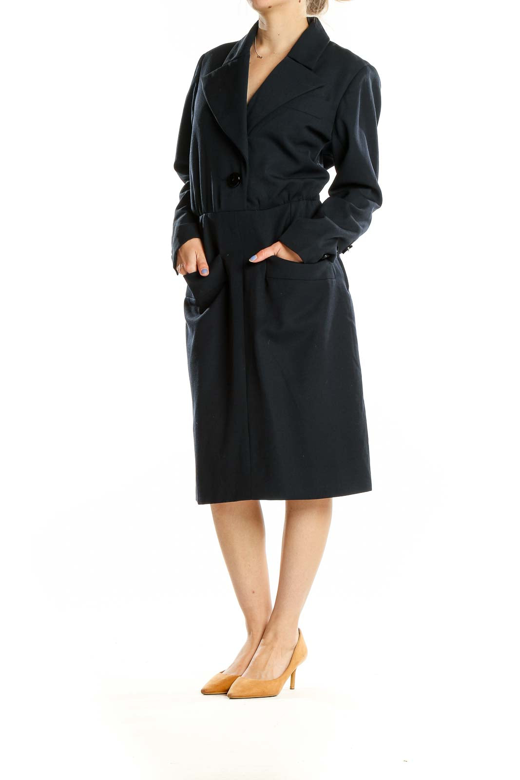 Front view of Yves Saint Laurent black wool midi coat dress