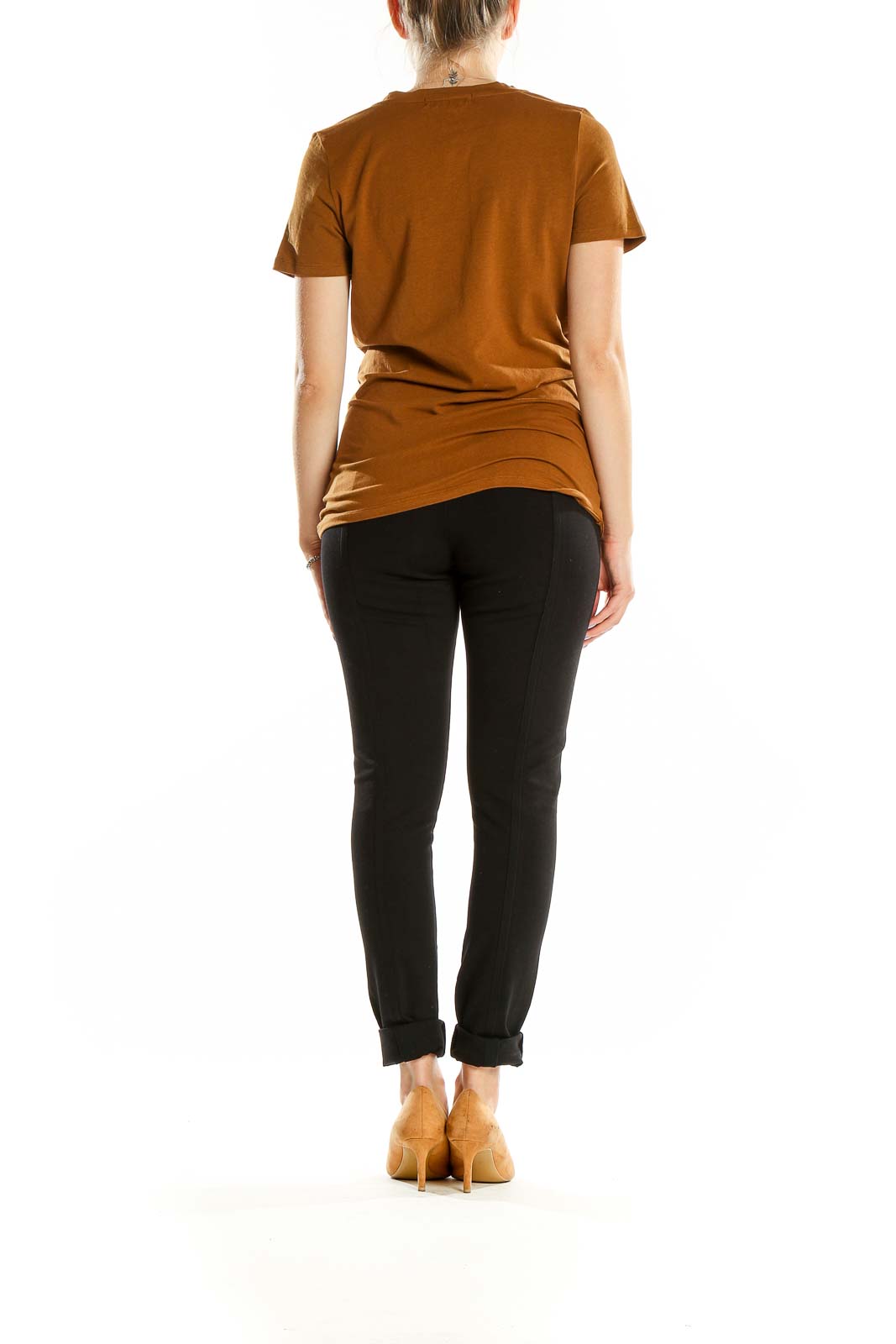 Back view of MICHAEL Michael Kors camel V-neck short sleeve t-shirt on model