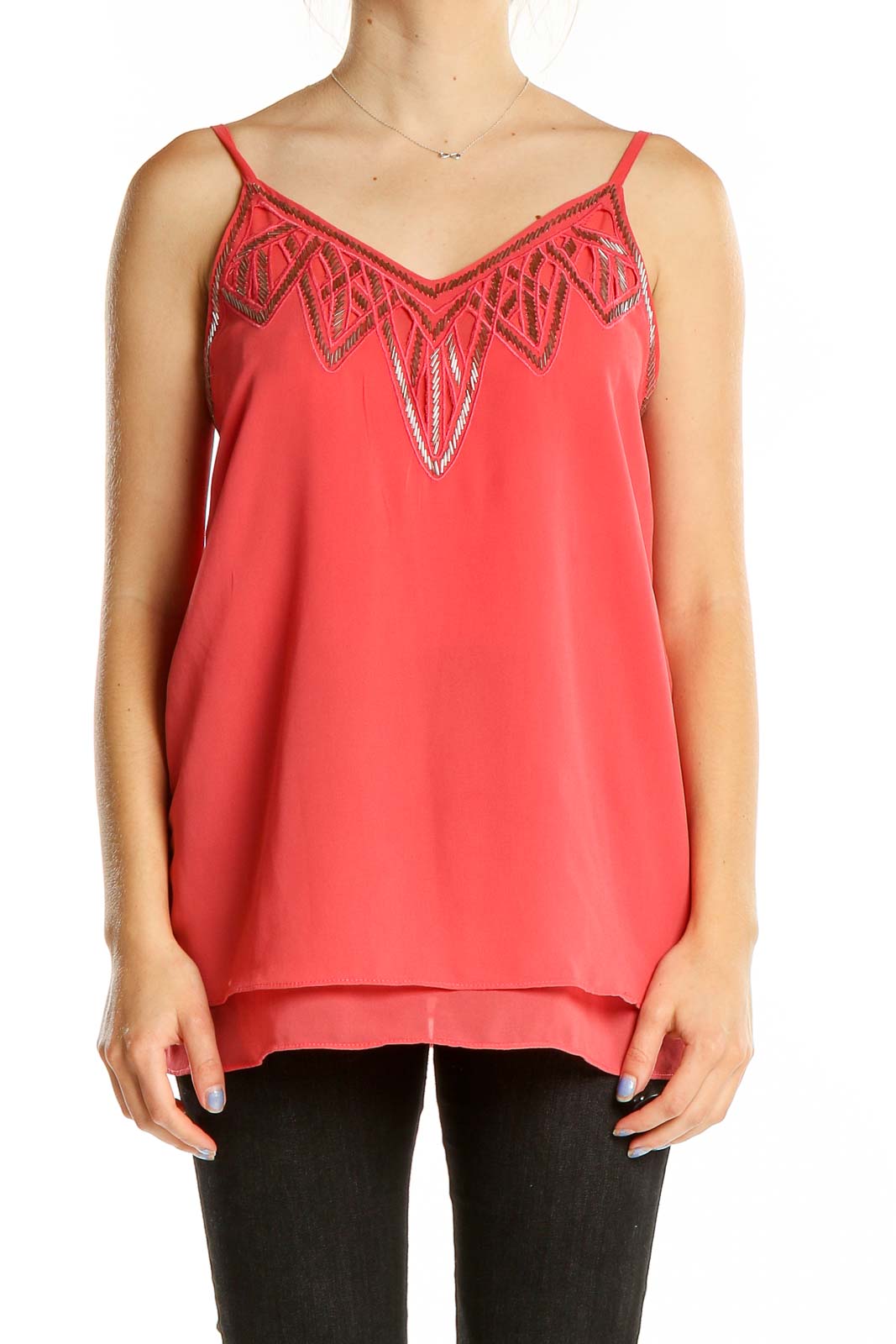 Front view of coral Romeo & Juliet Couture camisole top with embroidered V-neckline