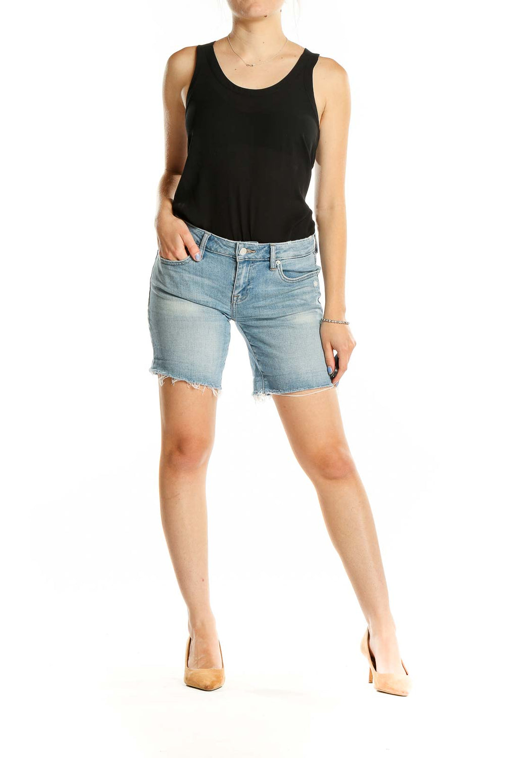 Front view of Lucky Brand light blue distressed denim shorts with frayed hem