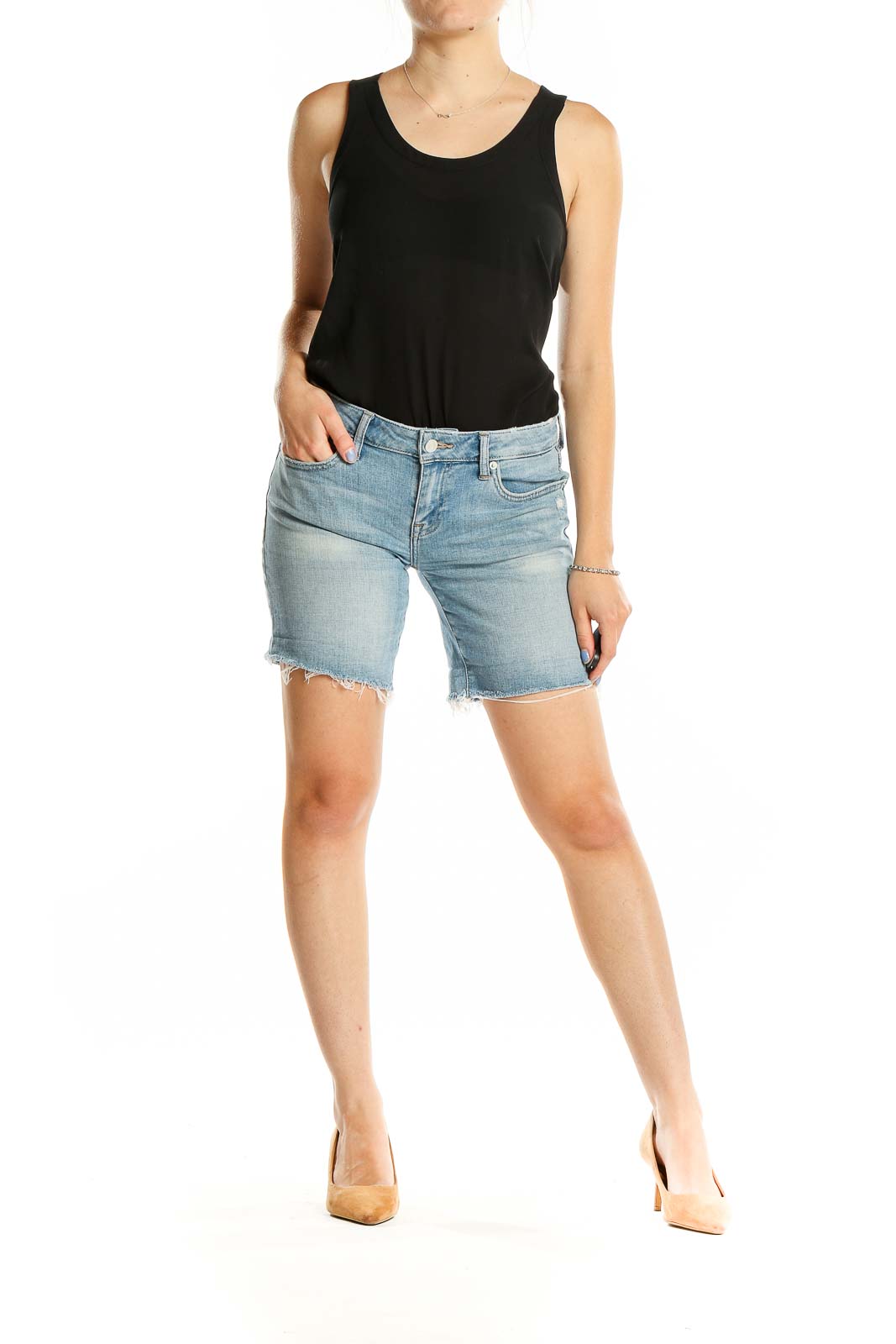 Front view of Lucky Brand light blue distressed denim shorts with frayed hem