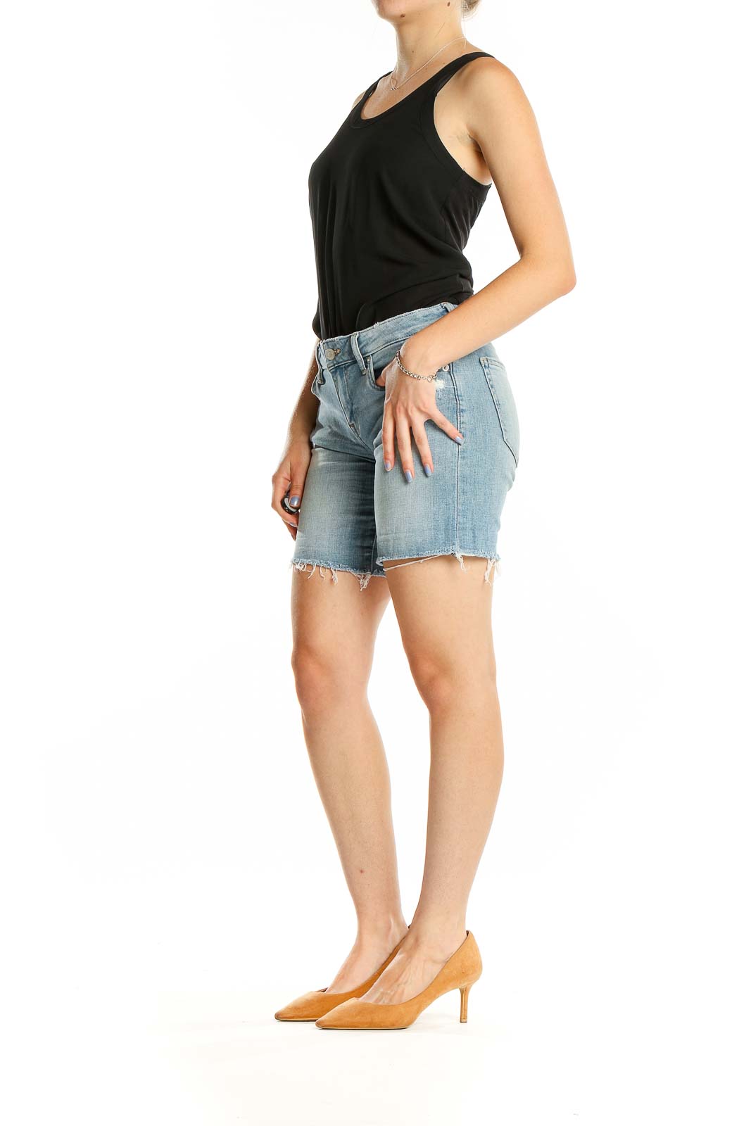 Front view of Lucky Brand light blue distressed denim shorts with frayed hem