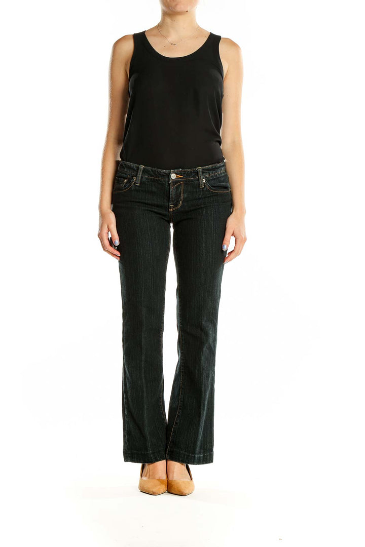 Front view of Seven7 dark blue bootcut jeans on model