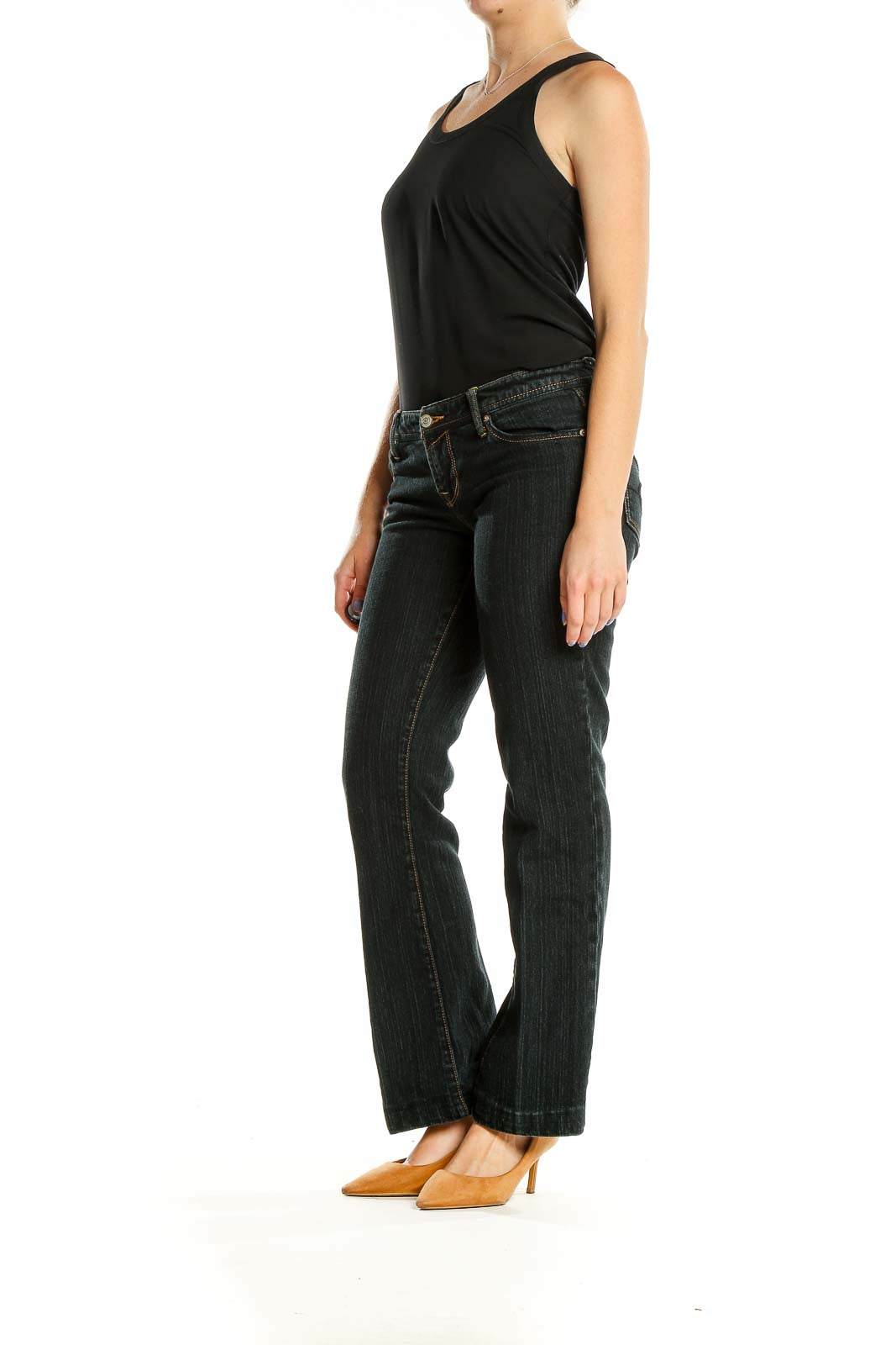 Front view of Seven7 dark blue bootcut jeans on model