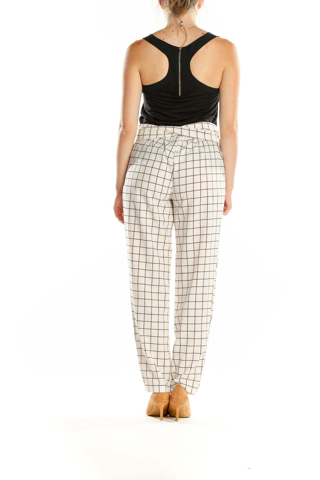 Back view of HAVE white grid pattern pants showing high-waisted fit