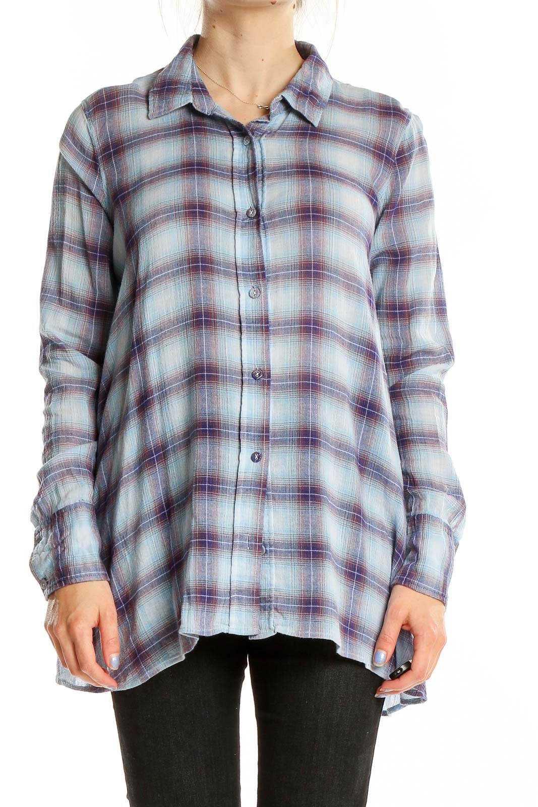 Front view of Free People blue and purple plaid cotton button-up shirt