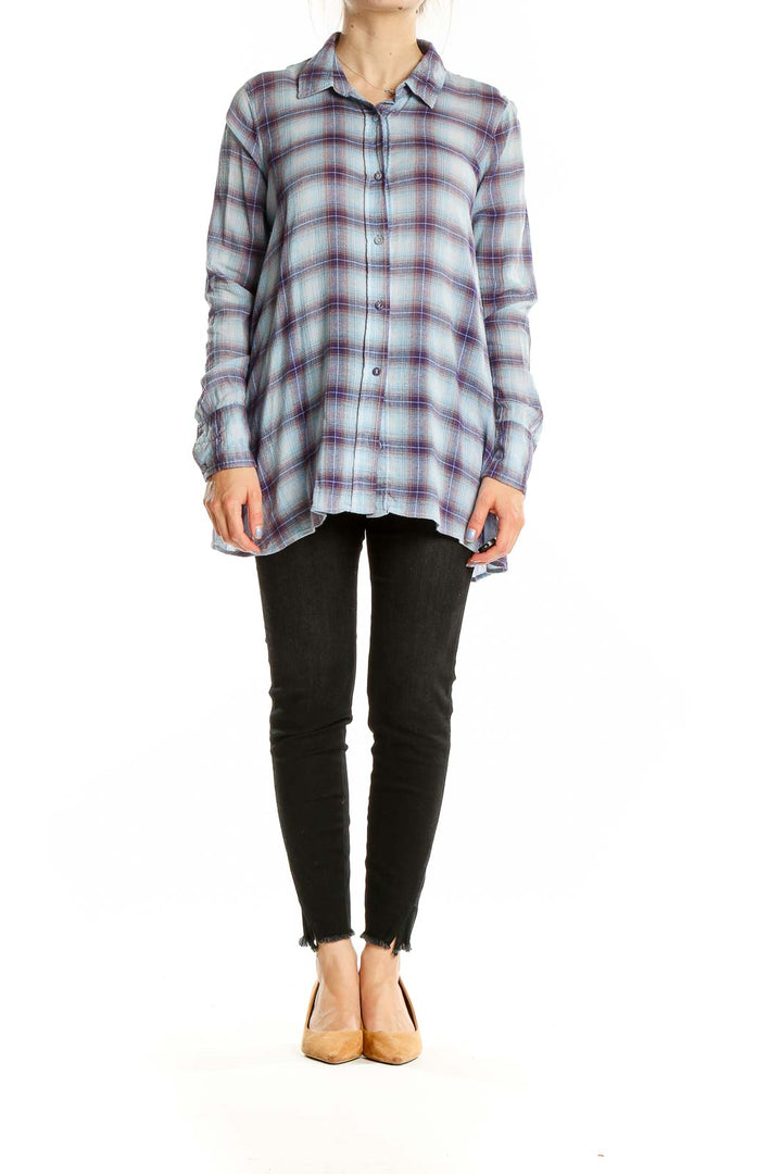 Front view of Free People blue and purple plaid cotton button-up shirt