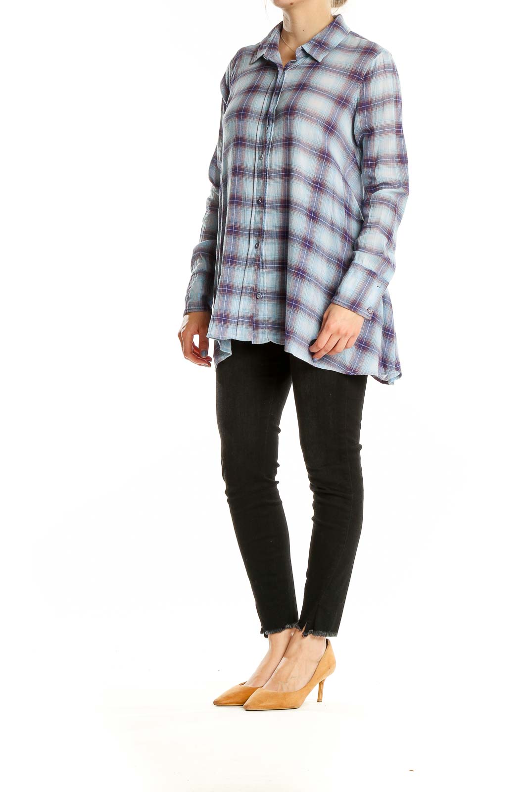 Front view of Free People blue and purple plaid cotton button-up shirt