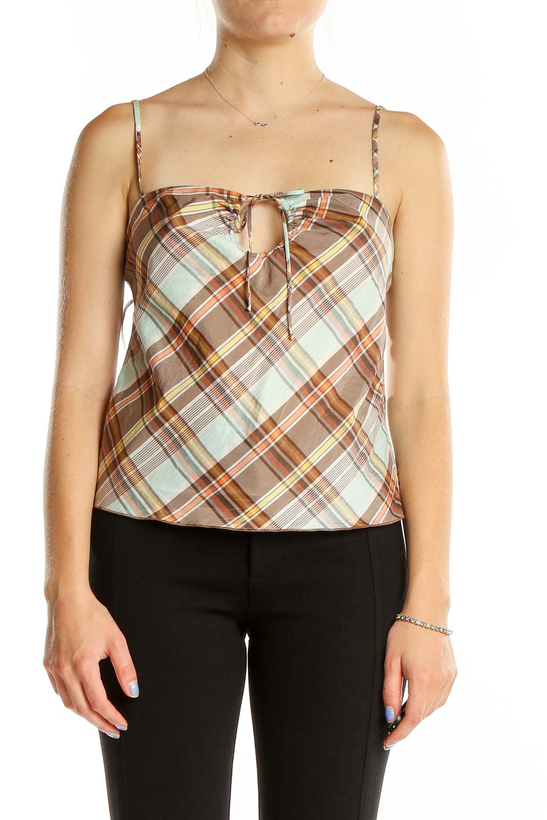 Front view of Trina Turk mint green plaid camisole with square neckline and tie detail