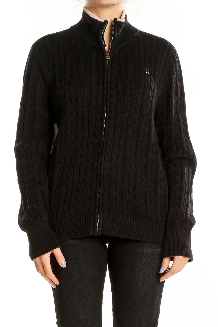 Black Cable Knit Zip Up Sweater