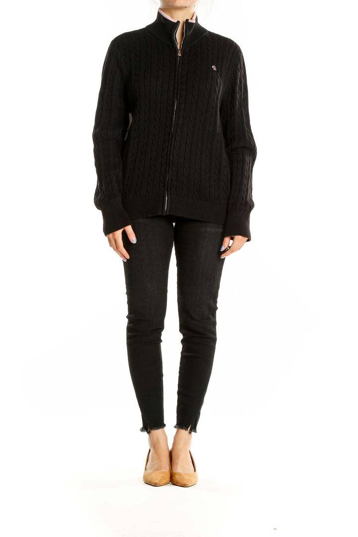 Black Cable Knit Zip Up Sweater