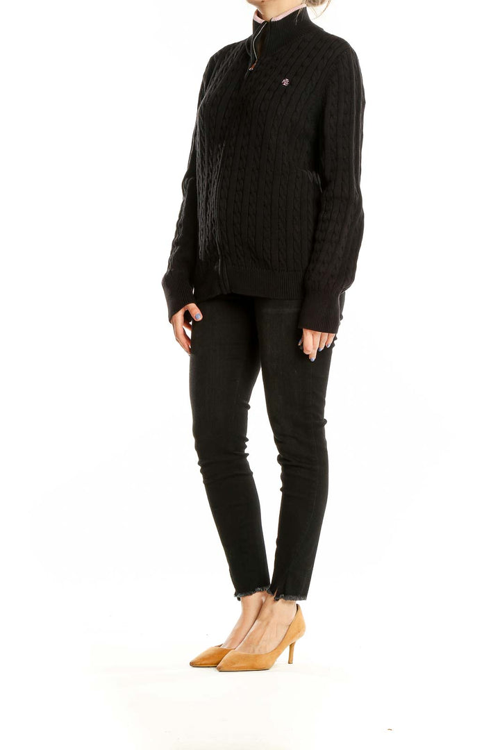 Black Cable Knit Zip Up Sweater