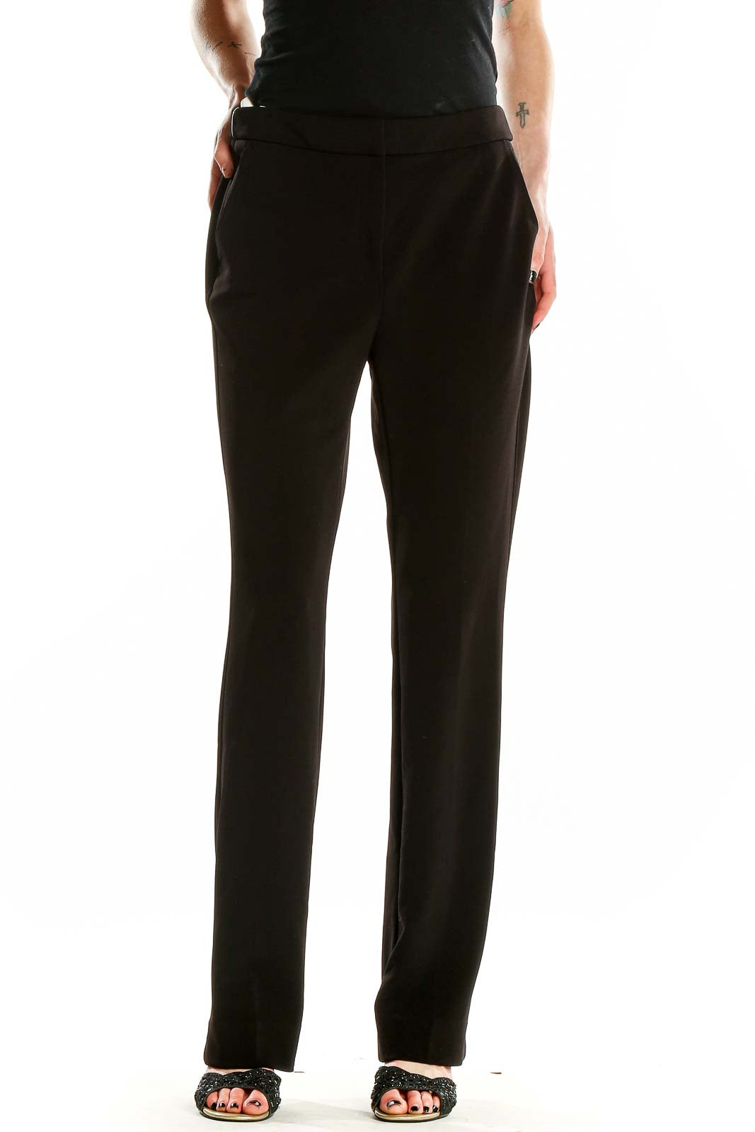 Front view of black straight-leg dress pants from White House Black Market