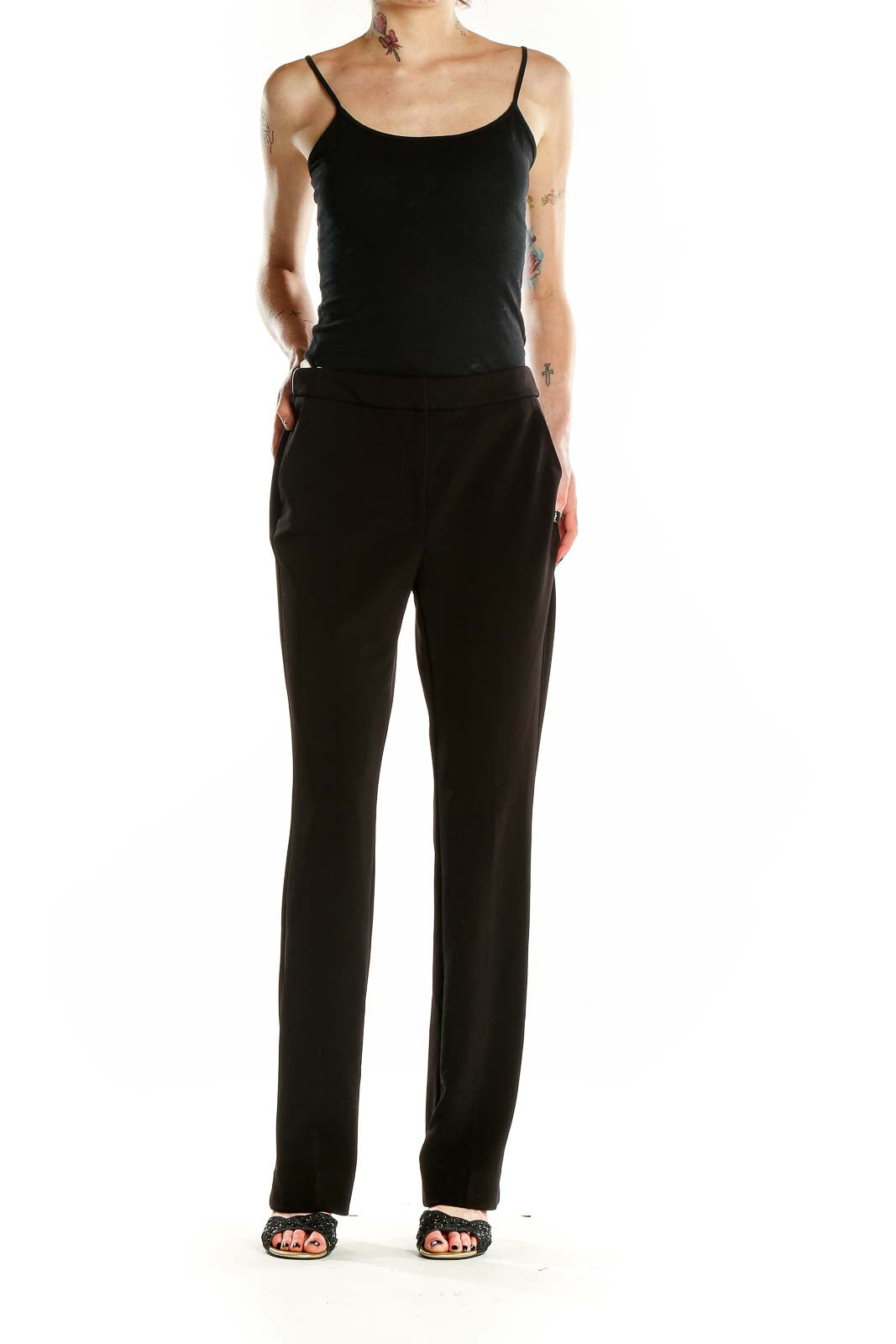 Front view of black straight-leg dress pants from White House Black Market