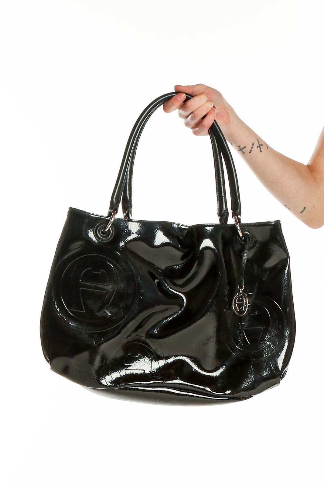 Front view of Etienne Aigner Black Patent Leather Tote Bag