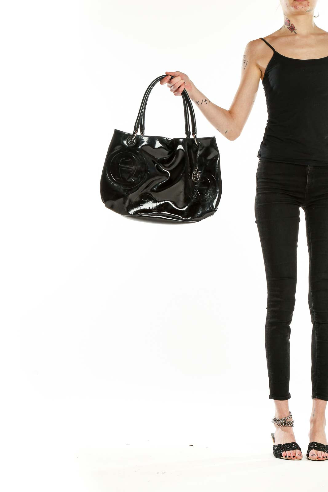 Front view of Etienne Aigner Black Patent Leather Tote Bag