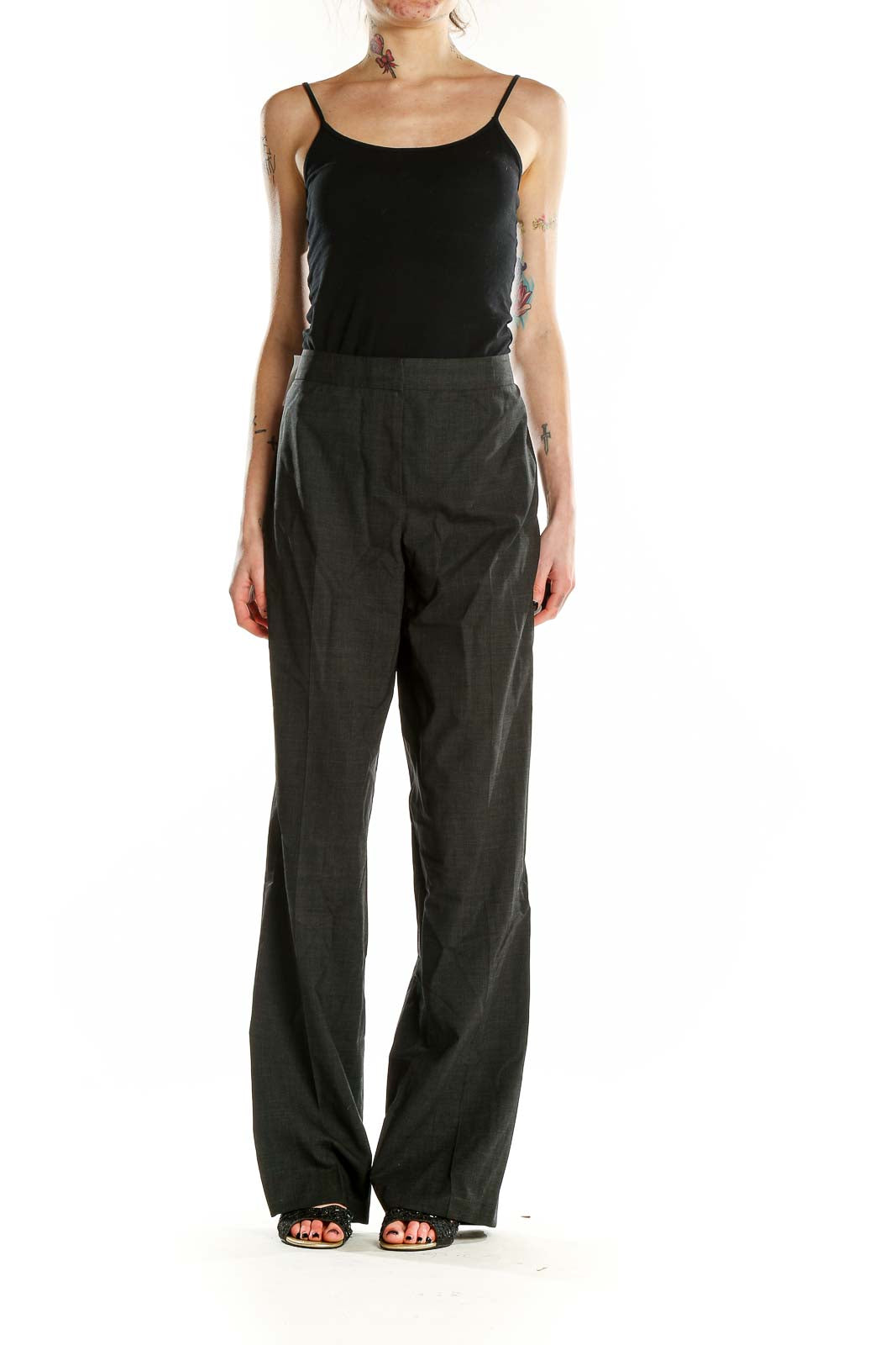 Front view of Lafayette 148 New York charcoal gray wide-leg trousers