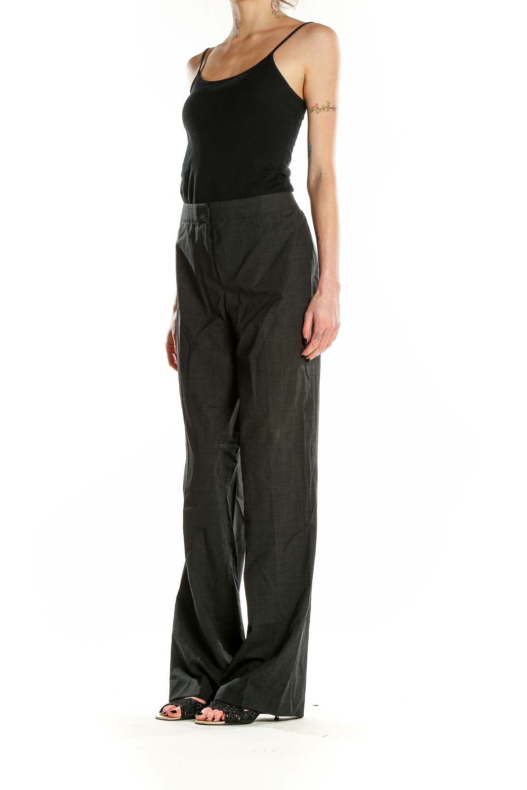 Front view of Lafayette 148 New York charcoal gray wide-leg trousers