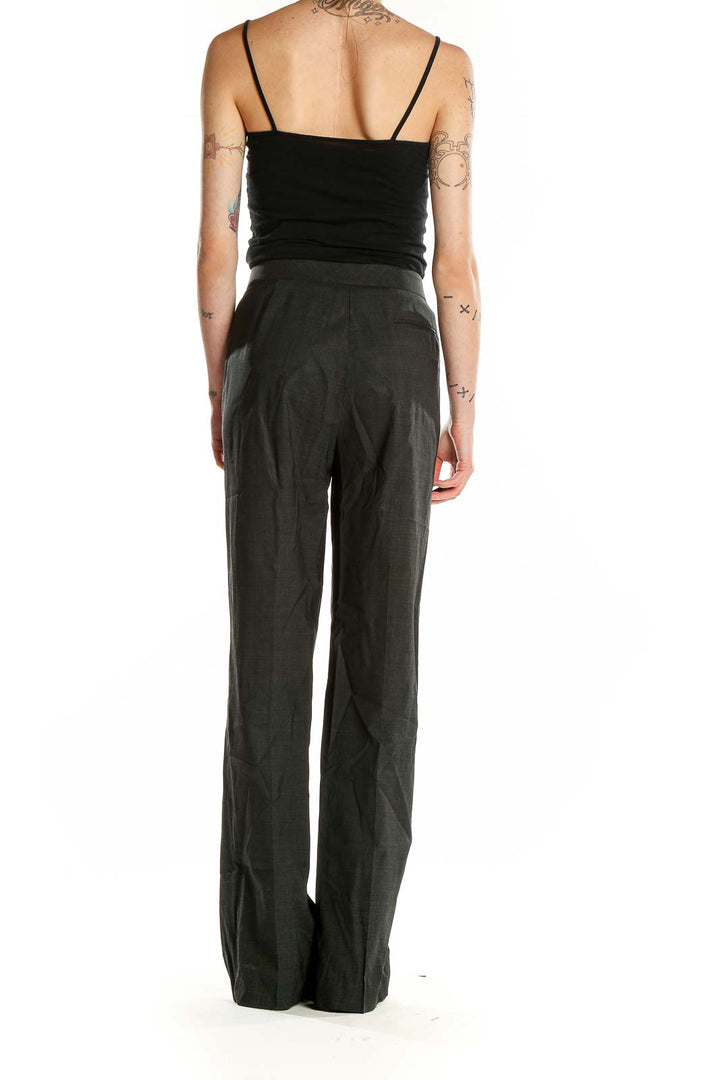 Back view of Lafayette 148 New York charcoal gray wide-leg trousers on model