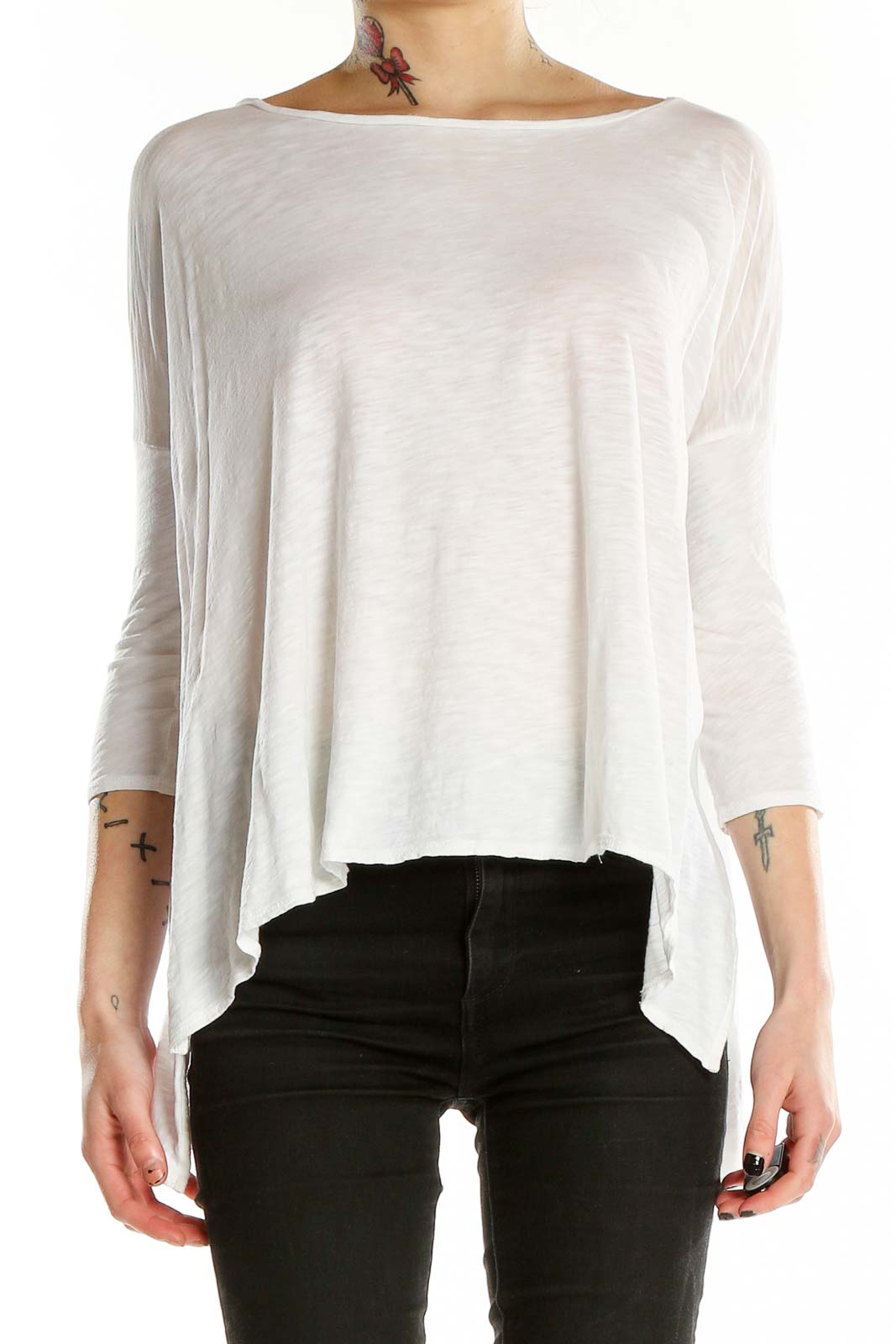 Front view of white oversized cotton top with boatneck by Calypso St. Barth