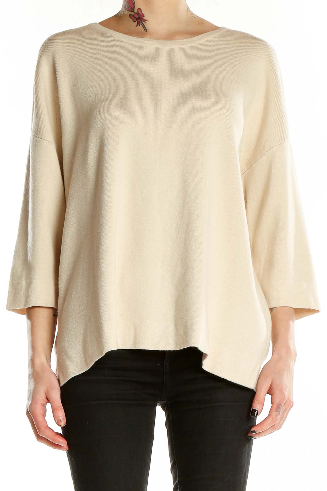 Front view of cream J.Jill relaxed fit knit sweater with 3/4 sleeves