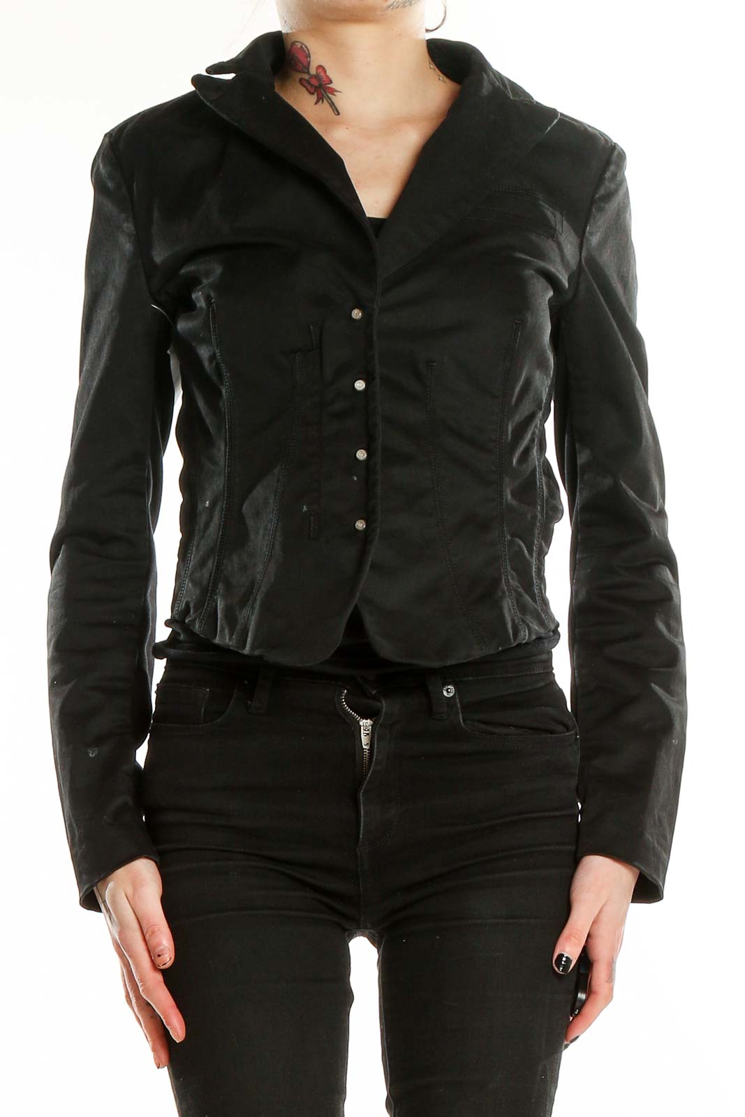 Front view of Armani Exchange black cropped jacket with snap button closure