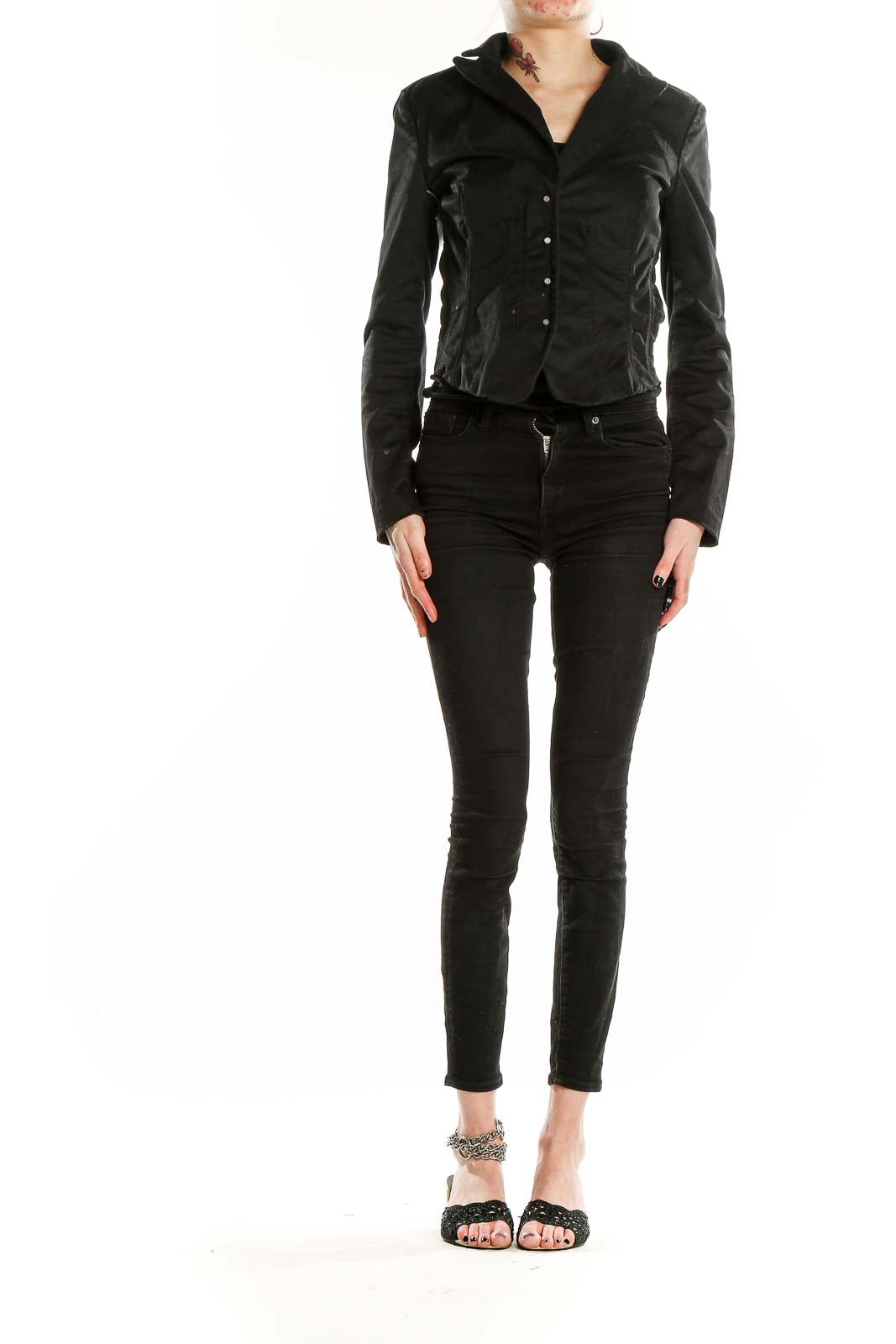 Front view of Armani Exchange black cropped jacket with snap button closure