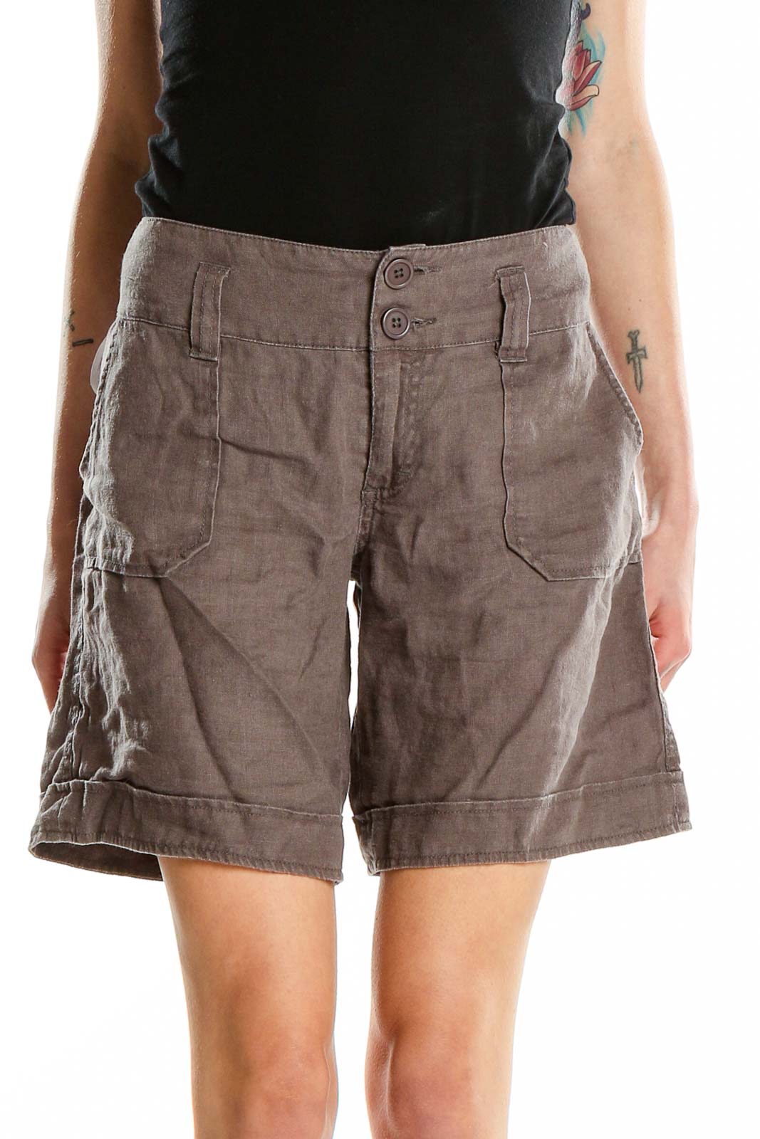 Front view of Sanctuary taupe linen shorts with patch pockets